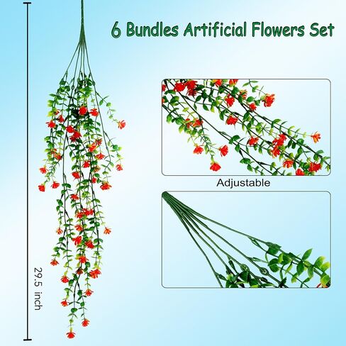 Artificial Fall Hanging Flowers Outdoor, UV Resistant No Fade Fake Plastic Plants for Garden Porch Window Box, Thankgiving Day Decor (Orange Red, 6 Bundles) in Kuwait