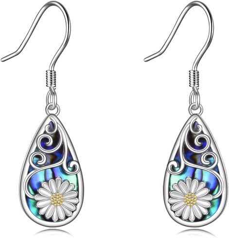 CRMAD Hummingbird/Bee/Leaves/Sunflower/Dragonfly/Rose/Lotus Flower Sterling Silver Filigree Teardrop Earrings Abalone Jewelry Gifts for Women in Kuwait