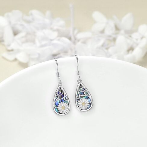CRMAD Hummingbird/Bee/Leaves/Sunflower/Dragonfly/Rose/Lotus Flower Sterling Silver Filigree Teardrop Earrings Abalone Jewelry Gifts for Women in Kuwait