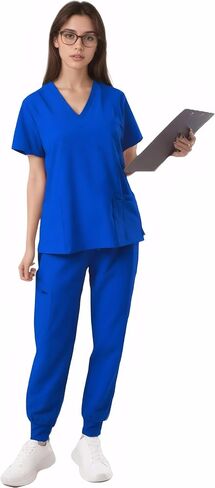 SUNME Scrubs for Women Set - Stretchy V-Neck Top & Jogger Pants with 9 Pockets | Women's Scrubs Set in Kuwait