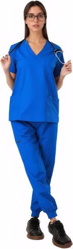 SUNME Scrubs for Women Set - Stretchy V-Neck Top & Jogger Pants with 9 Pockets | Women's Scrubs Set in Kuwait