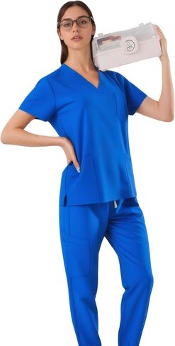 SUNME Scrubs for Women Set - Stretchy V-Neck Top & Jogger Pants with 9 Pockets | Women's Scrubs Set in Kuwait