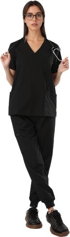 SUNME Scrubs for Women Set - Stretchy V-Neck Top & Jogger Pants with 9 Pockets | Women's Scrubs Set in Kuwait