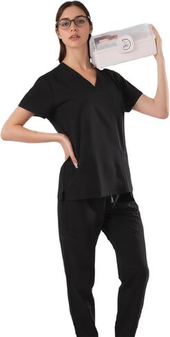 SUNME Scrubs for Women Set - Stretchy V-Neck Top & Jogger Pants with 9 Pockets | Women's Scrubs Set in Kuwait