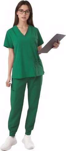 SUNME Scrubs for Women Set - Stretchy V-Neck Top & Jogger Pants with 9 Pockets | Women's Scrubs Set in Kuwait
