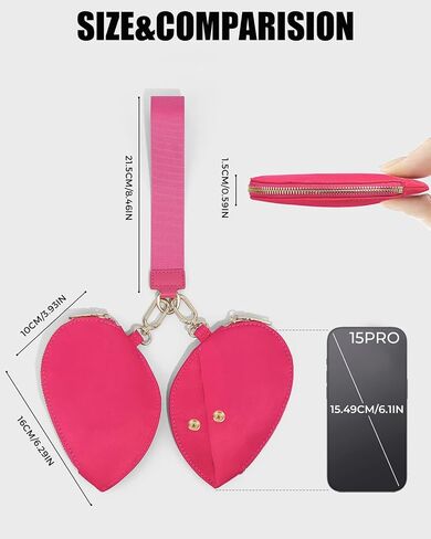 Heart Dual Pouch Lristlet Heart للنساء ، معصم سلسلة المفاتيح الأنيقة ، محفظة محفظة عملة معدنية للتسوق (A-Rose Red) in Kuwait