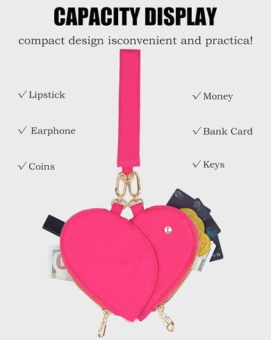 Heart Dual Pouch Lristlet Heart للنساء ، معصم سلسلة المفاتيح الأنيقة ، محفظة محفظة عملة معدنية للتسوق (A-Rose Red) in Kuwait