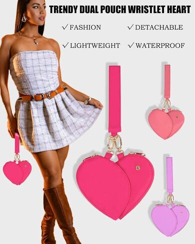 Heart Dual Pouch Lristlet Heart للنساء ، معصم سلسلة المفاتيح الأنيقة ، محفظة محفظة عملة معدنية للتسوق (A-Rose Red) in Kuwait