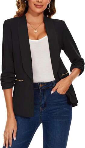 MINTLIMIT Womens Casual Blazer 3/4 Ruched Sleeve Open Front Cardigan Work Office Blazers Suit Jackets with Zipper Pockets in Saudi Arabia