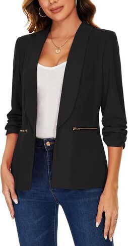 MINTLIMIT Womens Casual Blazer 3/4 Ruched Sleeve Open Front Cardigan Work Office Blazers Suit Jackets with Zipper Pockets in Saudi Arabia