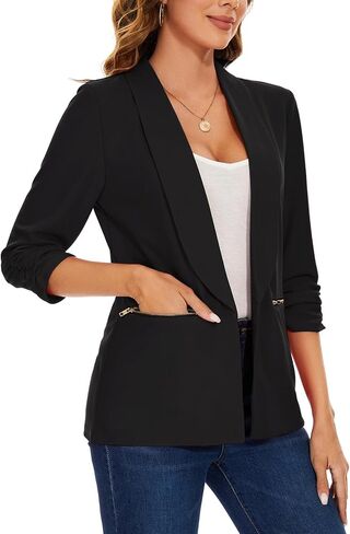 MINTLIMIT Womens Casual Blazer 3/4 Ruched Sleeve Open Front Cardigan Work Office Blazers Suit Jackets with Zipper Pockets in Saudi Arabia