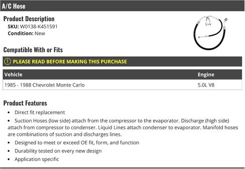 A/C Hose - Compatible with 1985-1988 Chevy Monte Carlo 5.0L V8 in Saudi Arabia