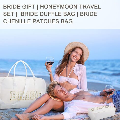 2 Pcs Wedding Weekender Bag Bride Groom Duffle Bag Chenille Letter Patch Travel Bag for Bridal Shower Honeymoon Gift(BRIDE) in Saudi Arabia