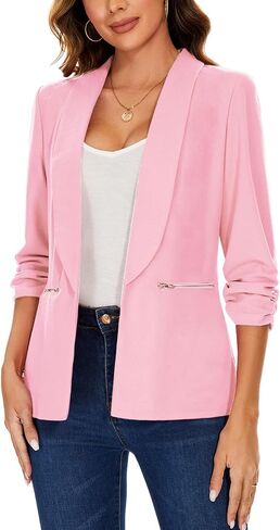 MINTLIMIT Womens Casual Blazer 3/4 Ruched Sleeve Open Front Cardigan Work Office Blazers Suit Jackets with Zipper Pockets in Saudi Arabia