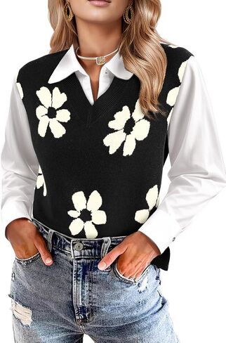 EVALESS Sweater Vest Women V Neck Cap Sleeve Knit Sweaters Cute Summer Fall Floral Print Sweater Tank Tops Pullover Sweaters in Saudi Arabia