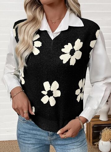 EVALESS Sweater Vest Women V Neck Cap Sleeve Knit Sweaters Cute Summer Fall Floral Print Sweater Tank Tops Pullover Sweaters in Saudi Arabia