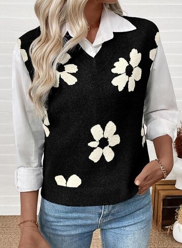 EVALESS Sweater Vest Women V Neck Cap Sleeve Knit Sweaters Cute Summer Fall Floral Print Sweater Tank Tops Pullover Sweaters in Saudi Arabia
