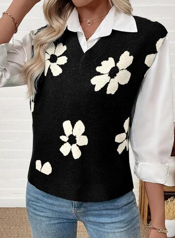 EVALESS Sweater Vest Women V Neck Cap Sleeve Knit Sweaters Cute Summer Fall Floral Print Sweater Tank Tops Pullover Sweaters in Saudi Arabia