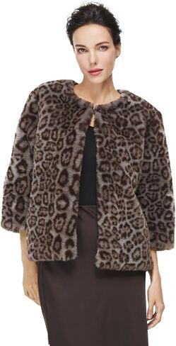 Women Faux Fur Leopard Coats Cropped Jacket with Pockets Long Sleeve Shaggy Warm Outerwear for Fall Winter in Saudi Arabia