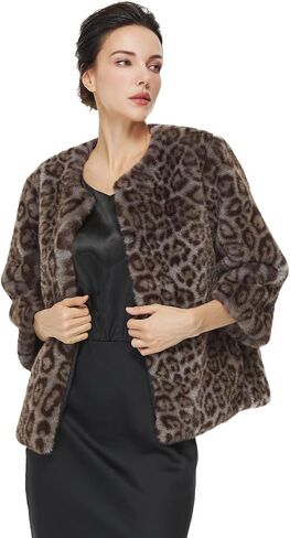 Women Faux Fur Leopard Coats Cropped Jacket with Pockets Long Sleeve Shaggy Warm Outerwear for Fall Winter in Saudi Arabia