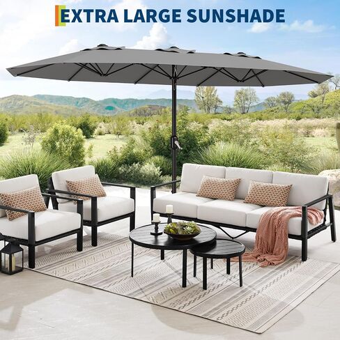 15ft Large Patio Umbrella With Base - Outdoor Double-Sided Market Umbrella, Crank Handle for Easy Opening, Durable & Stylish Design, UV Protection for Sun Safety, Perfect for Patio Tables & Poolside in Saudi Arabia