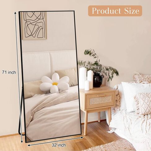 Large Size Full Length Mirror with Stand, 71"x32" Full Body Floor Mirror Standing Hanging or Leaning Wall, Aluminum Alloy Thin Frame for Bedroom, Black in Saudi Arabia