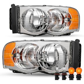 JSBOYAT Headlight Assembly Compatible with 2002-2005 Dodge Ram 1500 Pickup and 2003-2005 Dodge Ram 2500/3500 Pickup Driver Passenger Side (Chrome Housing with Amber Reflector) in Kuwait