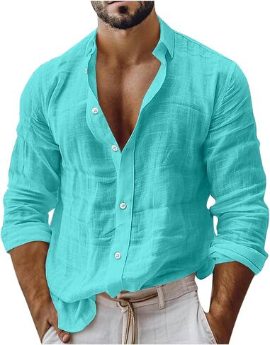 Mens Casual Cotton Linen Shirts Oversized Long Sleeve Buttons Down Tops Workout Beach Vacation Lapel Men Blouses in Kuwait