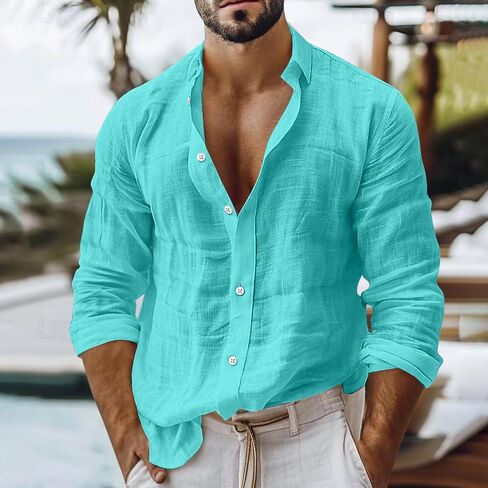 Mens Casual Cotton Linen Shirts Oversized Long Sleeve Buttons Down Tops Workout Beach Vacation Lapel Men Blouses in Kuwait