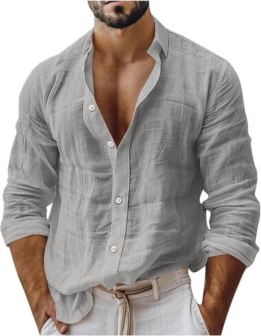 Mens Casual Cotton Linen Shirts Oversized Long Sleeve Buttons Down Tops Workout Beach Vacation Lapel Men Blouses in Kuwait