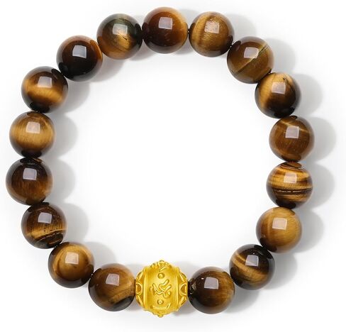 24K Solid Gold Bracelets Tiger Eye Stone Beaded Stretch Bracelet Blessing Pure Gold Sanskrit Golden Ball Charm Gold Jewelry for Men Father Birthday New Year Gifts 18cm A1913551 in Saudi Arabia