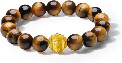 24K Solid Gold Bracelets Tiger Eye Stone Beaded Stretch Bracelet Blessing Pure Gold Sanskrit Golden Ball Charm Gold Jewelry for Men Father Birthday New Year Gifts 18cm A1913551 in Saudi Arabia
