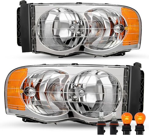 JSBOYAT Headlight Assembly Compatible with 2002-2005 Dodge Ram 1500 Pickup and 2003-2005 Dodge Ram 2500/3500 Pickup Driver Passenger Side (Chrome Housing with Amber Reflector) in Kuwait
