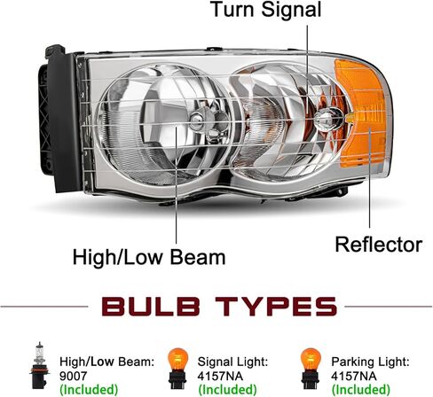 JSBOYAT Headlight Assembly Compatible with 2002-2005 Dodge Ram 1500 Pickup and 2003-2005 Dodge Ram 2500/3500 Pickup Driver Passenger Side (Chrome Housing with Amber Reflector) in Kuwait
