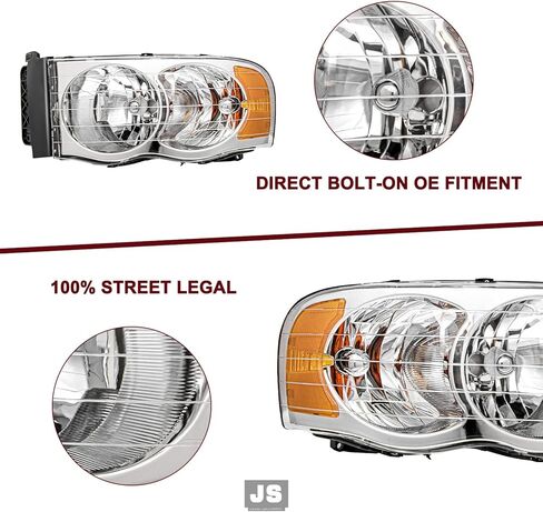JSBOYAT Headlight Assembly Compatible with 2002-2005 Dodge Ram 1500 Pickup and 2003-2005 Dodge Ram 2500/3500 Pickup Driver Passenger Side (Chrome Housing with Amber Reflector) in Kuwait