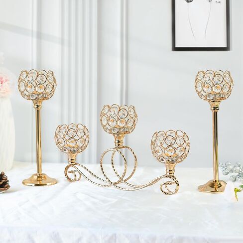 Gold 5 Arm Metal Crystal Tea Light Candle Holder, Elegant Wedding Table Centerpiece Candle Holder, Christmas Wishing Crystal Bowl Candle Holder Suitable for Wedding Party Living Room Decoration in Saudi Arabia