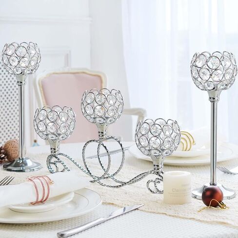 Gold 5 Arm Metal Crystal Tea Light Candle Holder, Elegant Wedding Table Centerpiece Candle Holder, Christmas Wishing Crystal Bowl Candle Holder Suitable for Wedding Party Living Room Decoration in Saudi Arabia