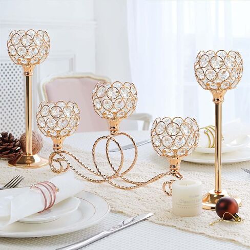 Gold 5 Arm Metal Crystal Tea Light Candle Holder, Elegant Wedding Table Centerpiece Candle Holder, Christmas Wishing Crystal Bowl Candle Holder Suitable for Wedding Party Living Room Decoration in Saudi Arabia