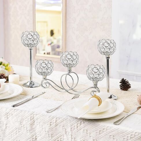 Gold 5 Arm Metal Crystal Tea Light Candle Holder, Elegant Wedding Table Centerpiece Candle Holder, Christmas Wishing Crystal Bowl Candle Holder Suitable for Wedding Party Living Room Decoration in Saudi Arabia