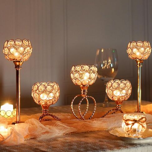 Gold 5 Arm Metal Crystal Tea Light Candle Holder, Elegant Wedding Table Centerpiece Candle Holder, Christmas Wishing Crystal Bowl Candle Holder Suitable for Wedding Party Living Room Decoration in Saudi Arabia
