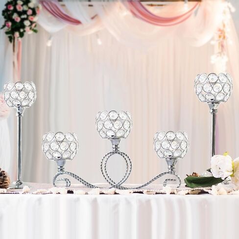 Gold 5 Arm Metal Crystal Tea Light Candle Holder, Elegant Wedding Table Centerpiece Candle Holder, Christmas Wishing Crystal Bowl Candle Holder Suitable for Wedding Party Living Room Decoration in Saudi Arabia