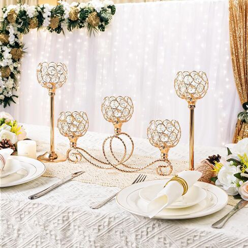 Gold 5 Arm Metal Crystal Tea Light Candle Holder, Elegant Wedding Table Centerpiece Candle Holder, Christmas Wishing Crystal Bowl Candle Holder Suitable for Wedding Party Living Room Decoration in Saudi Arabia