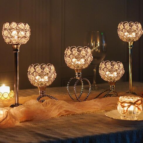 Gold 5 Arm Metal Crystal Tea Light Candle Holder, Elegant Wedding Table Centerpiece Candle Holder, Christmas Wishing Crystal Bowl Candle Holder Suitable for Wedding Party Living Room Decoration in Saudi Arabia
