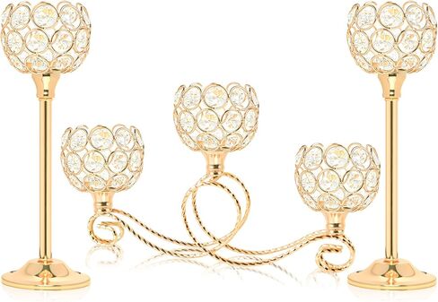 Gold 5 Arm Metal Crystal Tea Light Candle Holder, Elegant Wedding Table Centerpiece Candle Holder, Christmas Wishing Crystal Bowl Candle Holder Suitable for Wedding Party Living Room Decoration in Saudi Arabia