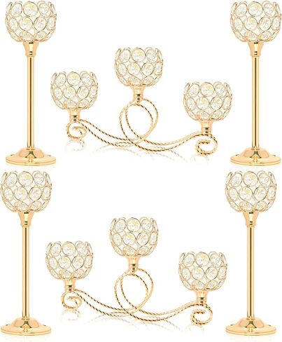 Gold 5 Arm Metal Crystal Tea Light Candle Holder, Elegant Wedding Table Centerpiece Candle Holder, Christmas Wishing Crystal Bowl Candle Holder Suitable for Wedding Party Living Room Decoration in Saudi Arabia