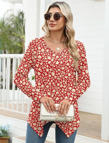 Rapbin Long Sleeve Tops V V Neck Tunic Tubs Basic Plateed Flowy Lowy Asyfymetrical Hend Fit Fit 2025 in Kuwait