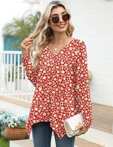 Rapbin Long Sleeve Tops V V Neck Tunic Tubs Basic Plateed Flowy Lowy Asyfymetrical Hend Fit Fit 2025 in Kuwait