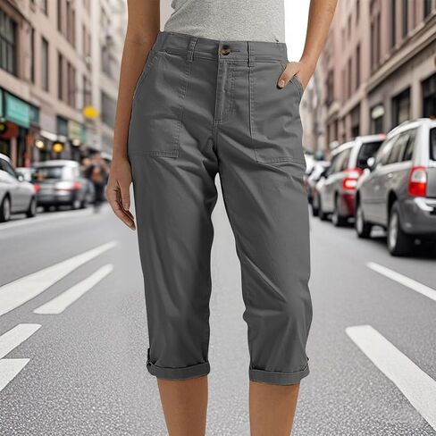 Capri Pants for Women Casual Summer Lightweight Cargo Joggers Stretch Elastic Waist Cropped Pants with Pockets in Kuwait