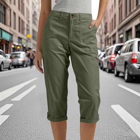 Capri Pants for Women Casual Summer Lightweight Cargo Joggers Stretch Elastic Waist Cropped Pants with Pockets in Kuwait