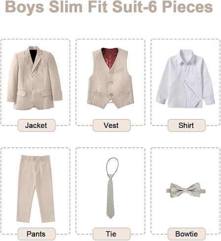 Boys Slim Fit Suit for Kids Tuxedo for Boys Formal Suits 6 Pieces Wedding Ring Bearer Outfit for Wedding in Kuwait